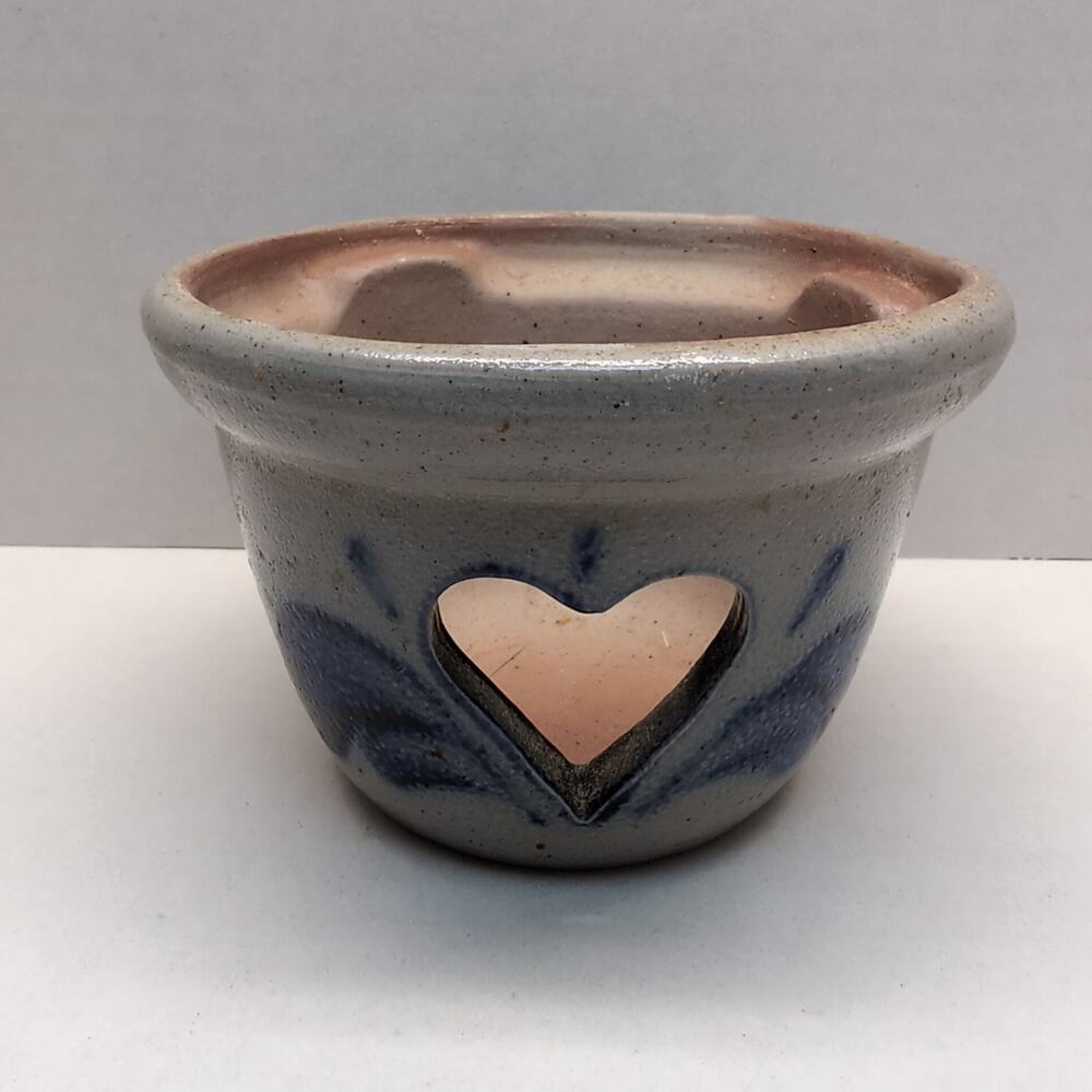 Rowe Pottery Works Heart Cutout Candle Crock Holder Votive Salt Glaze Folk Art